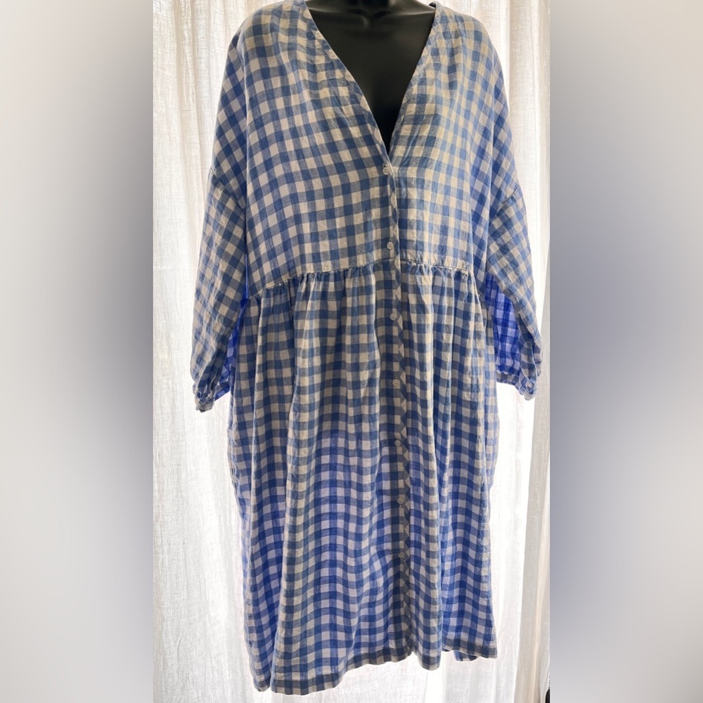 Beaton Linen House Dress Blue and White Gingham Dolman Sleeve
